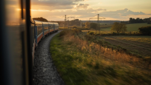 England train journey slow travel exploration Train travelling through the English countryside symbolizing slow travel and reflective journeys